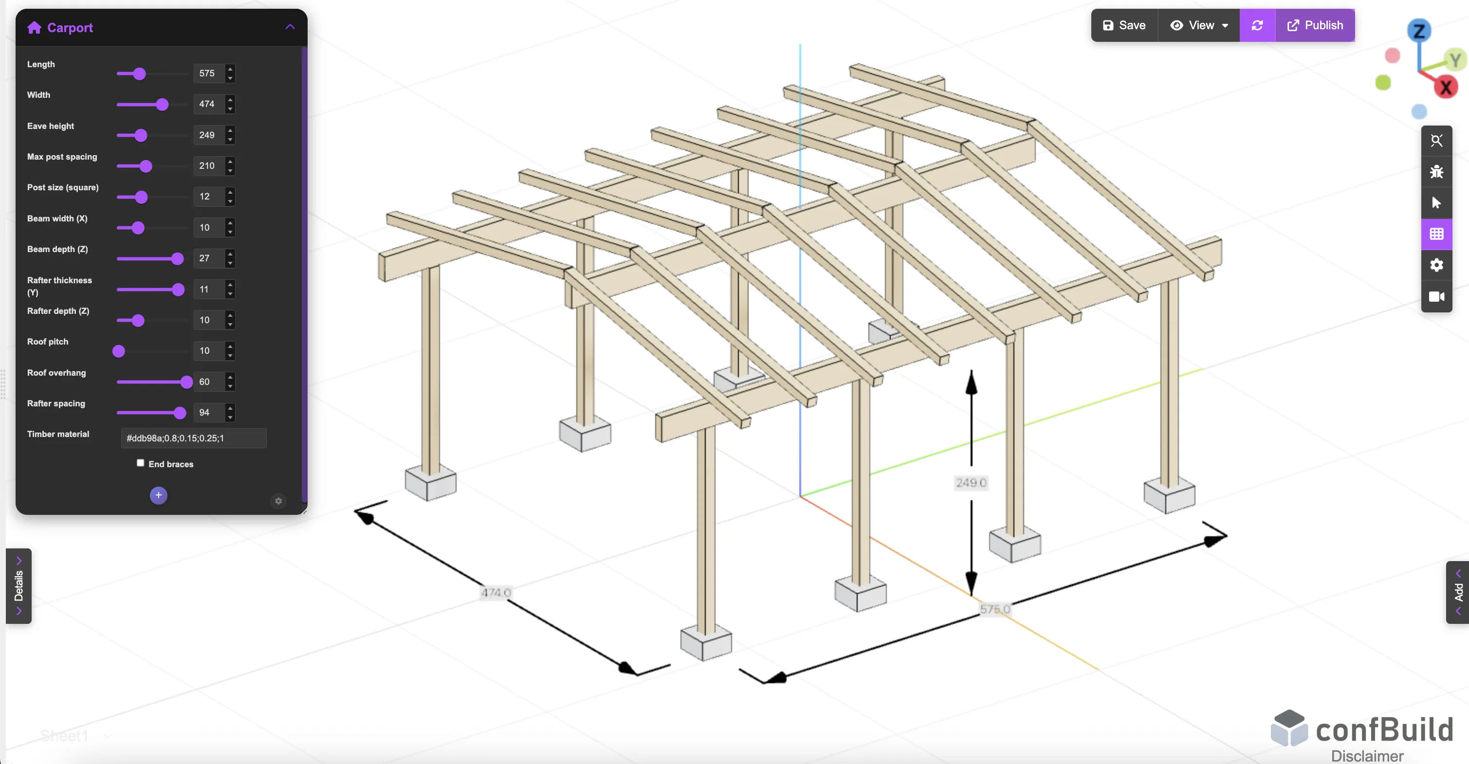 Carport-Konfigurator mit 3D-Modell und veränderbaren Produktparametern