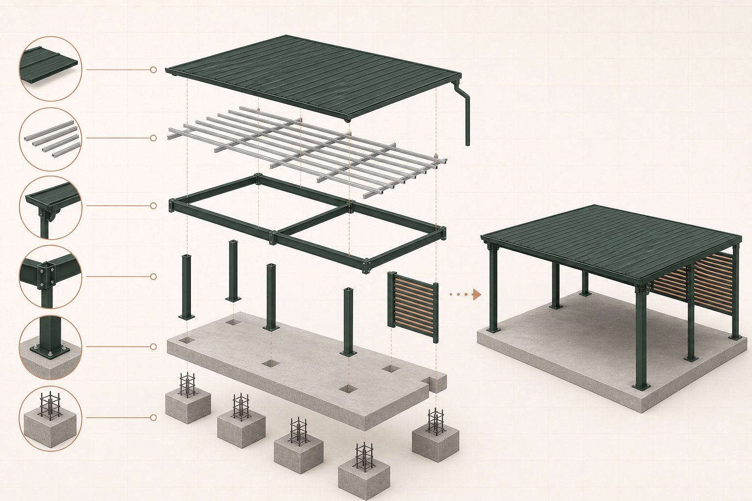Exploded carport diagram with foundations, posts, beams, roof build-up and side element